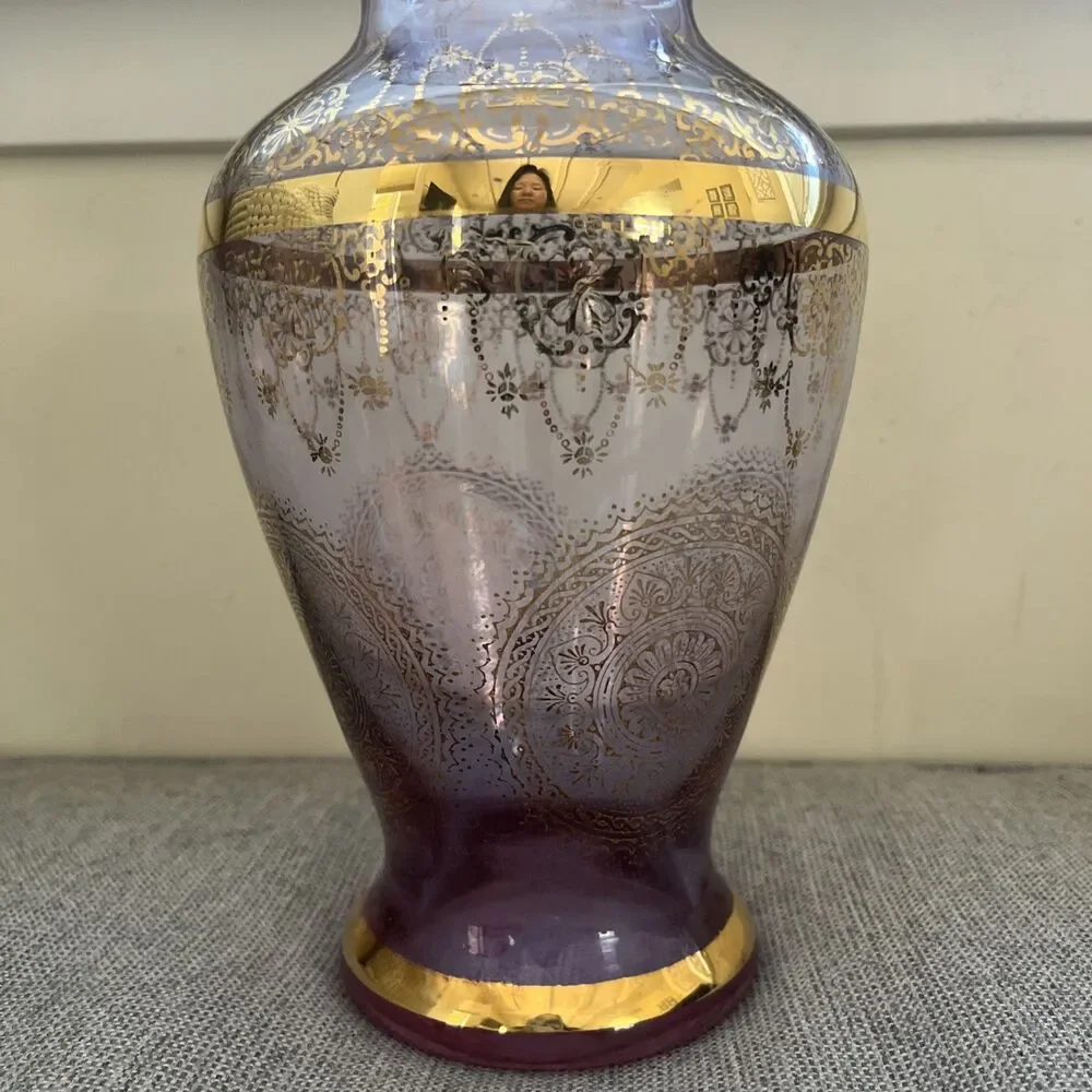 Vtg 10” Vecchia Murano Art Glass Vase 24K Gold Neodymium Purple Color Change